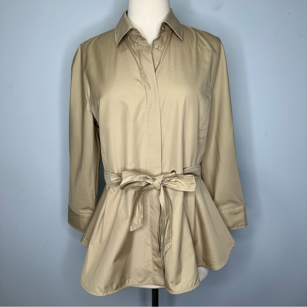 Max Mara Women’s Cuneo Beige 3/4 Sleeve Cotton Peplum Waist Belted Top Size 10 - Picture 3 of 16
